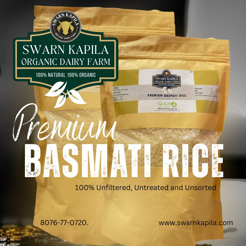 Long-grain unpolished Premium Basmati Rice from Swarn Kapila farms, showing natural creamy texture.