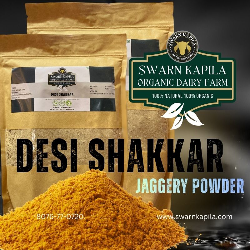 Fine-textured Organic Desi Shakkar powder, rich in iron and perfect for tea and healthy baking