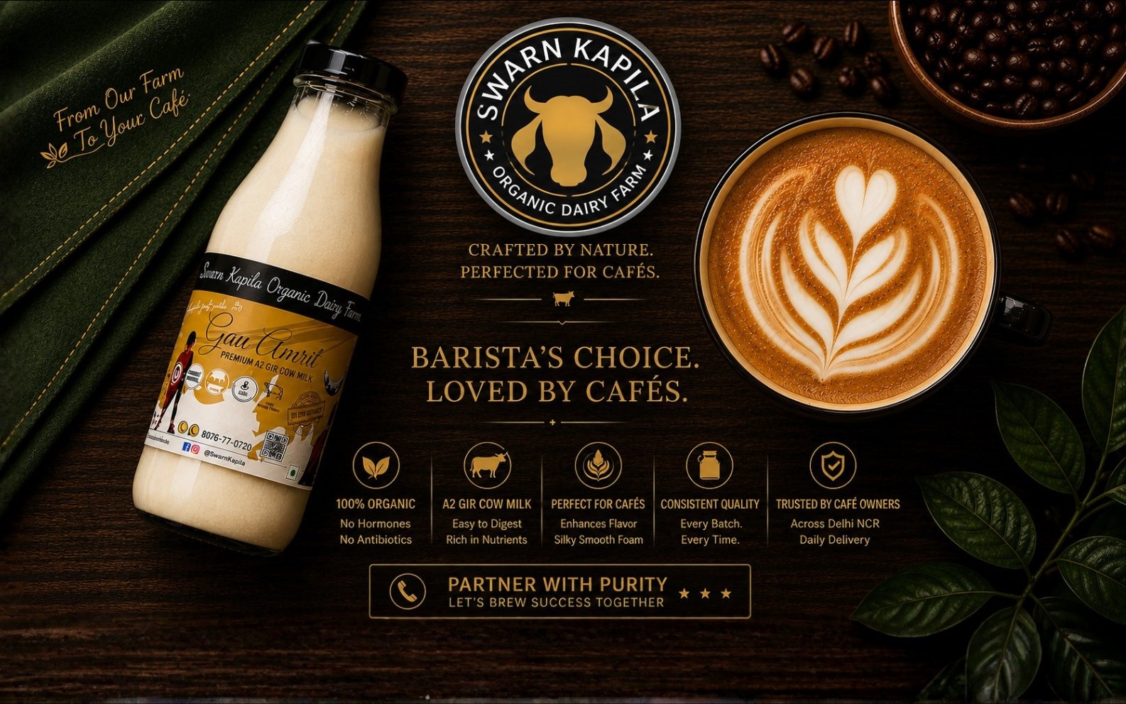 Premium A2 Milk Supplier for Cafés | Swarn Kapila cafe milk supplier | premium Gir cow milk | wholesale organic milk | restaurant dairy supplier | Swarn Kapila B2B | organic milk for coffee